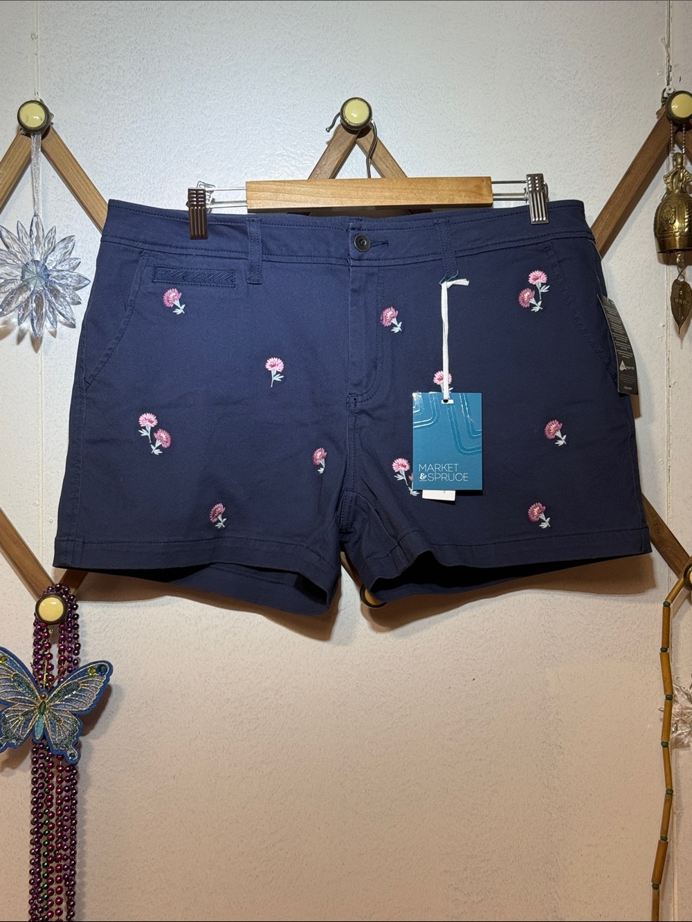 Market & Spruce Navy Shorts with Pink Floral Embroidery